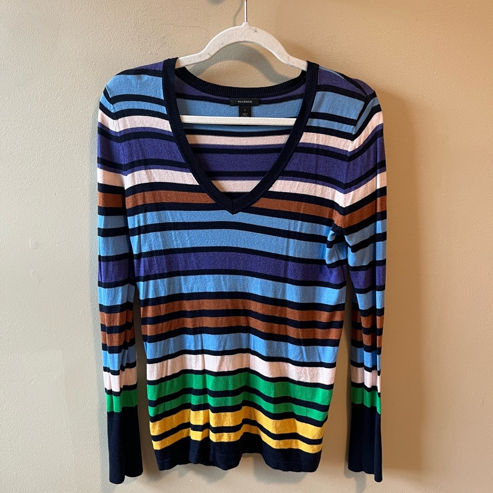 Halogen blue colorful striped v neck light weight sweater small